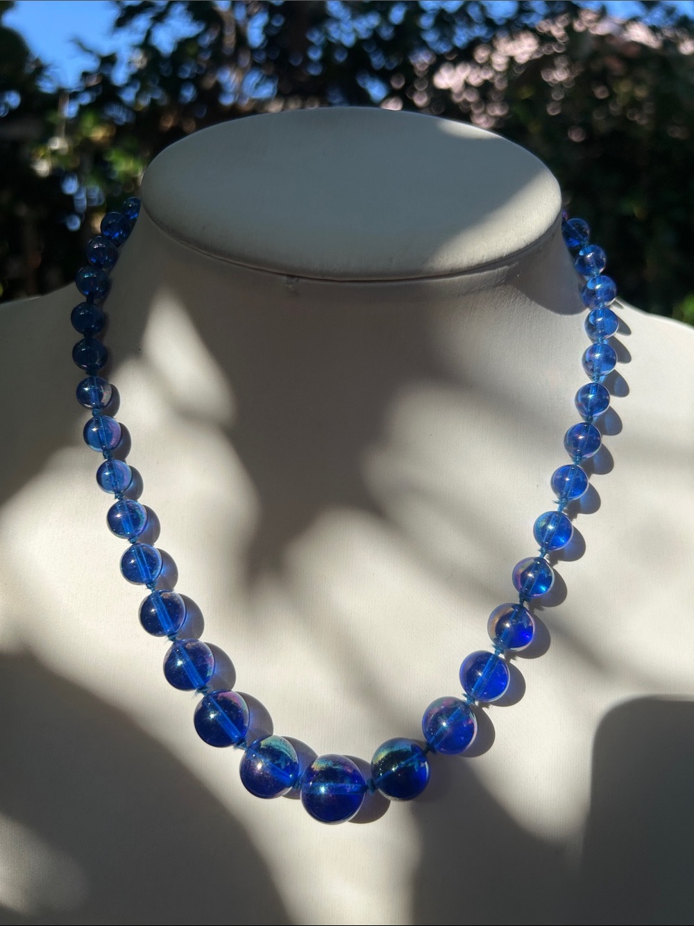 Mid-20th Century Graduated Iridescent Blue Glass Beaded Necklace